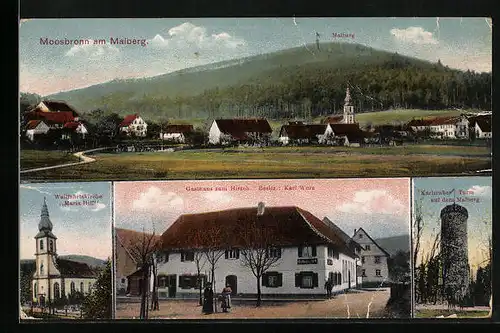 AK Moosbronn am Malberg, Gasthaus zum Hirsch, Wallfahrtskirche Maria Hilf, Karlsruher Turm auf dem Malberg