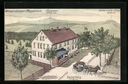 Künstler-AK St. Andreasberg im Oberharz, Pension und Logierhaus Wegehaus Sonnenberg mit Brocken, u. Achtermans Höhe