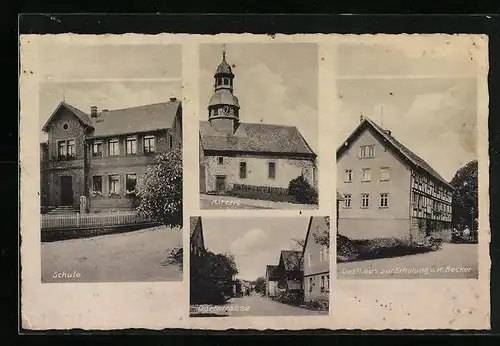 AK Gleimenhain /Kr. Alsfeld, Gasthaus zur Erholung v. K. Becker, Schule, Kirche