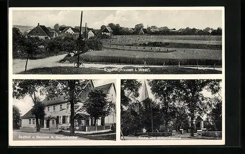 AK Eggeringhausen i. Westf., Gasthof und Bäckerei A. Bergschneider, Kirche und Kriegerdenkmal, Teilansicht