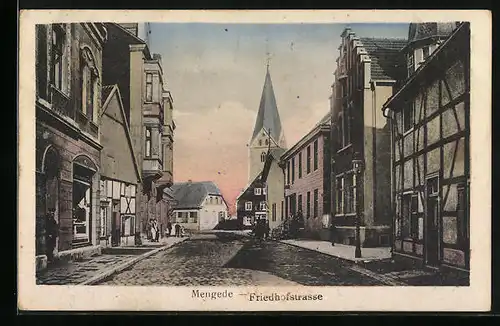 AK Mengede, Friedhofstrasse mit Geschäft und Kirche