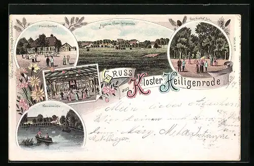Lithographie Heiligenrode, Pleus Gasthof, Inneres, Park, Kloster Heiligenrode