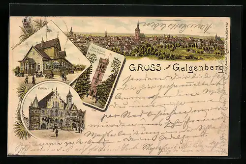 Lithographie Hildesheim, Gasthaus von G. Fischer, Aussichtsturm auf dem Galgenberg, Rathaus