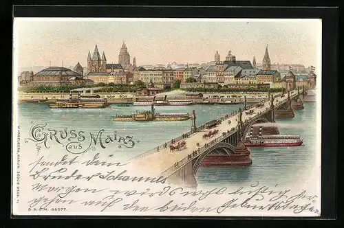 Lithographie Mainz, Teilansicht mit Brücke und Dampfern, Halt gegen das Licht