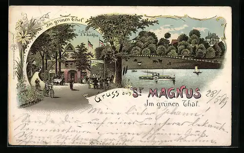 Lithographie St. Magnus, Gasthaus Im grünen Tal, Uferpartie mit Dampfer