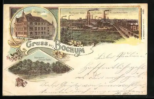 Lithographie Bochum, Bergschule und Stadtpark