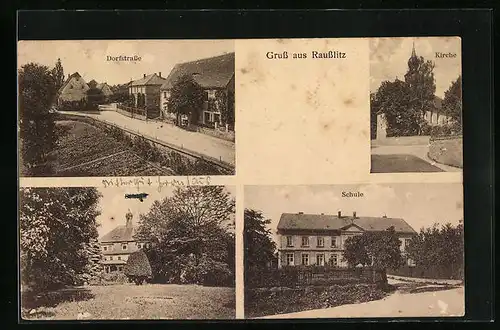 AK Rausslitz, Dorfstrasse und Kirche