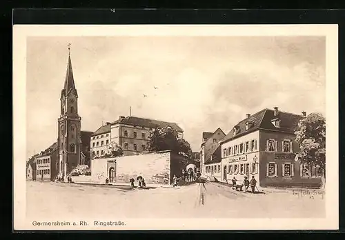 Künstler-AK Eugen Felle: Germersheim a. Rh., Ringstrasse mit Kirche