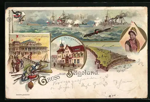 Lithographie Helgoland, Hafenpartie mit Postgebäude