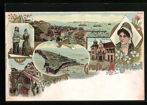 Lithographie Helgoland, Hafenpartie mit Inselansicht