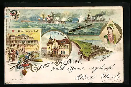 Lithographie Helgoland, Hafenpartie mit Postgebäude