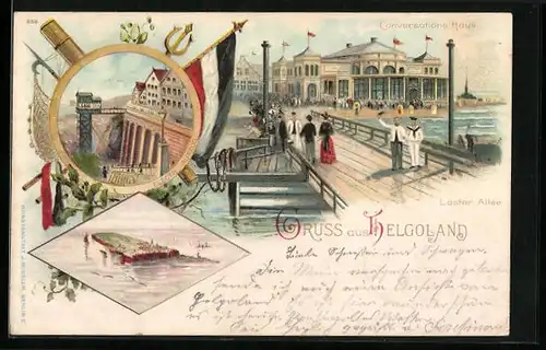 Lithographie Helgoland, Uferpartie mit Conversations-Haus