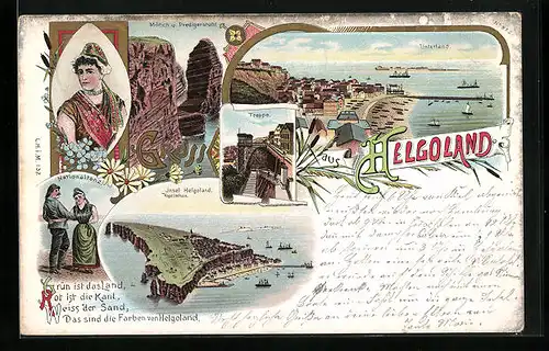 Lithographie Helgoland, Unterland mit Nationaltanz und Treppe