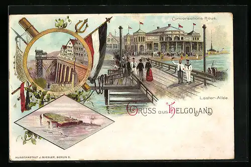 Lithographie Helgoland, Uferpartie mit Conversationshaus