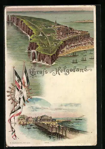 Lithographie Helgoland, Inselansicht aus der Vogelschau