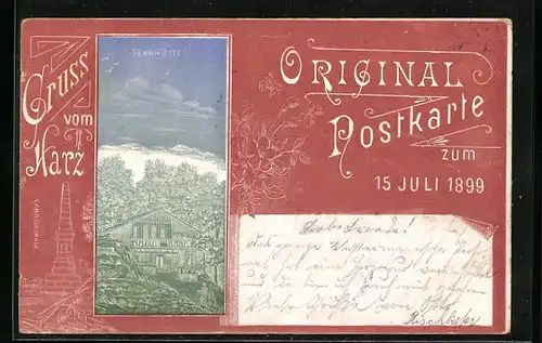Künstler-AK Bad Harzburg, Jubiläumspostkarte Sennhütte 15. Juli 1899, Canossasäule