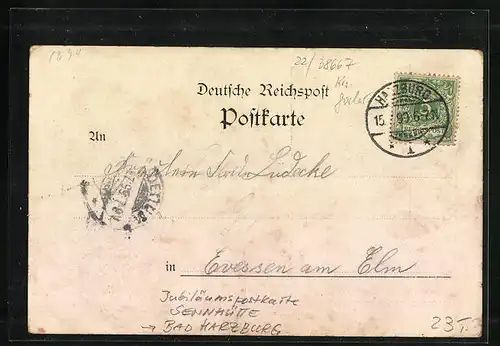 Künstler-AK Bad Harzburg, Jubiläumspostkarte Sennhütte 15. Juli 1899, Canossasäule