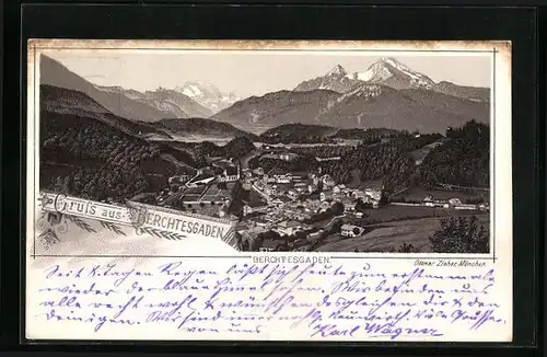 Vorläufer-Lithographie Berchtesgaden, 1889, Panoramablick auf Ort und Gebirge