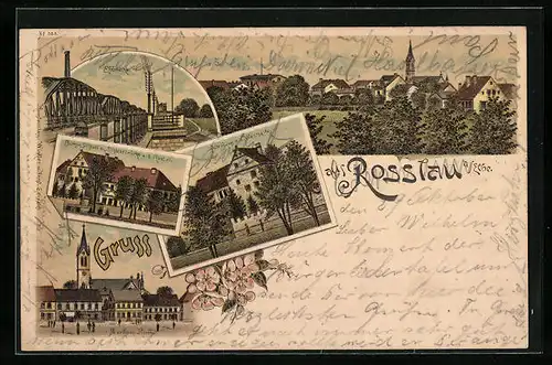 Lithographie Rosslau a. Elbe, Alte Burg, Elbbrücke, Markt mit Kirche