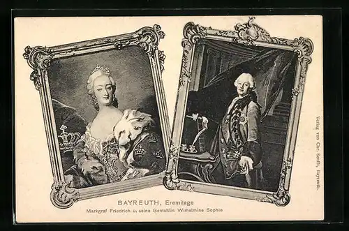 AK Bayreuth i. B., Schloss Eremitage, Portraits des markgrafen Friedrich und seiner Gemahlin Wilhelmine Sophie