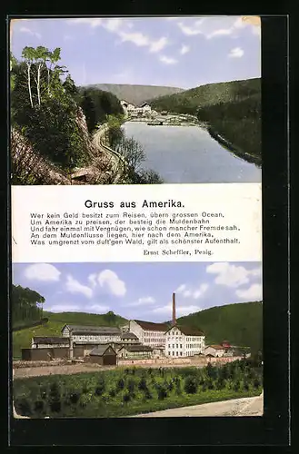 AK Amerika, Talblick mit der Ortschaft, Fabrikanlage und Brücke