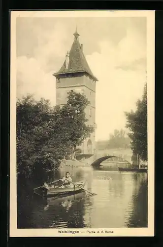 AK Waiblingen, Turm und Brücke am Remsufer