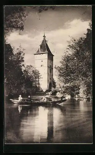 AK Waiblingen, Turm und Ruderboot an der Rems mit Beinsteiner Tor
