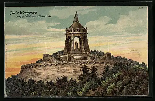 Lithographie Porta Westfalica, Blick auf das Kaiser Wilhelm-Denkmal