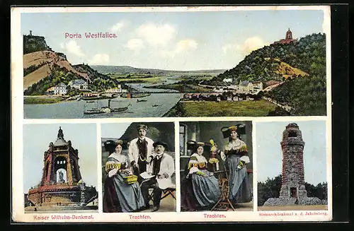 AK Porta Westfalica, Kaiser Wilhelm-Denkmal, Bismarckdenkmal a.d. Jakobsberg, Menschen in Trachten, Talpanorama