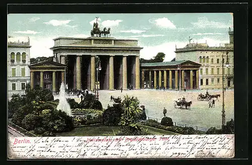 Lithographie Berlin, Kutschen auf dem Pariser Platz vor dem Brandenburger Tor