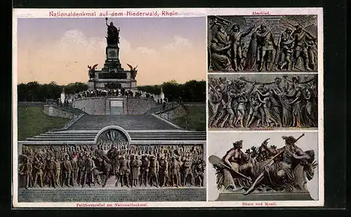 AK Niederwald, das Nationaldenkmal am Rhein, die Reliefs Abschied, Wiedersehen und Rhein Mosel