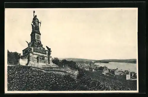 AK Rüdesheim a. Rhein, das National-Denkmal auf dem Niederwald, Generalansicht der Stadt