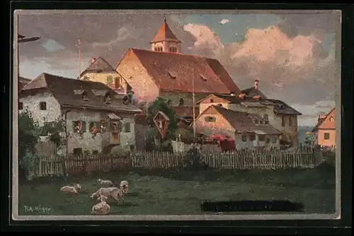 Künstler-AK Rudolf Alfred Höger: Longomos sul Renon, Blick zur Kirche