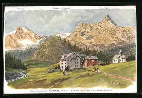 Künstler-AK F.A.C.M. Reisch: Kurzras, Wanderer vor der Kapelle in den bergen