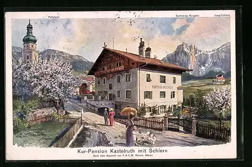 Künstler-AK F.A.C.M. Reisch: Meran, Kur-Pension Kastelruth mit Blick zum Schlern