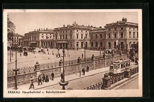 AK Krakau, Hauptbahnhof und bahnhofstrasse, Strassenbahn unterwegs