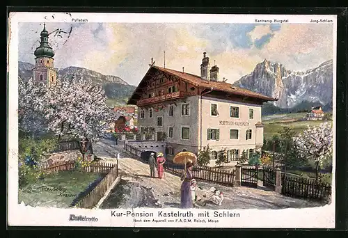 Künstler-AK F.A.C.M. Reisch: Meran, Gäste vor der Kur - Pension Kastelruth mit Schlernblick