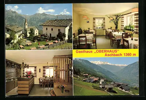 AK Aschbach, Gasthaus Oberhaus, Talpanorama mit der Ortschaft, Gastraum und Theke, die Kirche