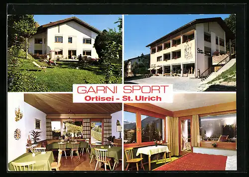 AK Ortisei - St. Ulrich, Garni Sport, Aussenansicht, im Garten, Speiseraum