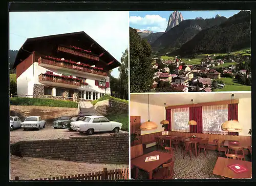 AK St. Ulrich, Pension Garni Rosely, Aussenansicht Speiseraum, Talpanorama