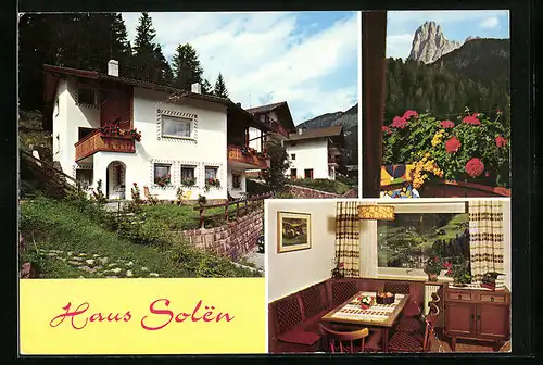 AK Ortisei - St. Ulrich, vor dem Haus Solen, im Speiseraum, Felsenblick