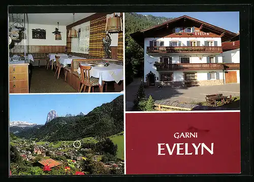 AK St. Ulrich - Gröden, Garni Evelyn, Aussenansicht, Speiseraum, Talblick