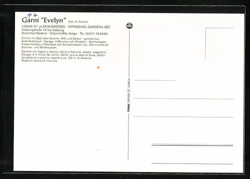 AK St. Ulrich - Gröden, Garni Evelyn, Aussenansicht, Speiseraum, Talblick