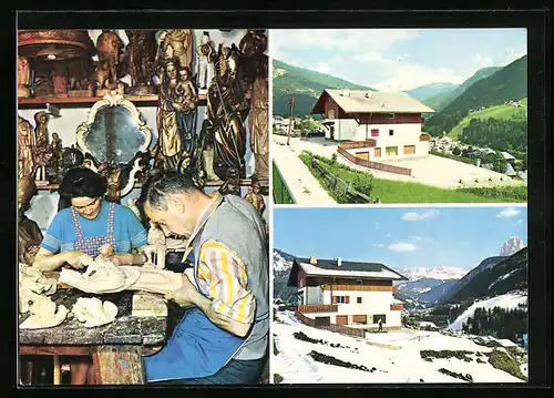 AK Ortisei - St. Ulrich, Dolomitenblick, Johann - Nino Bergmeister, Gasthof im Sommer und Winter, Holzschnitzerei