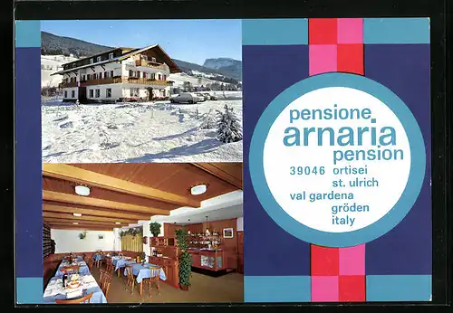 AK Ortisei - St. Ulrich, Pensione Arnaria Pension, Ansicht im Schnee, Gastraum