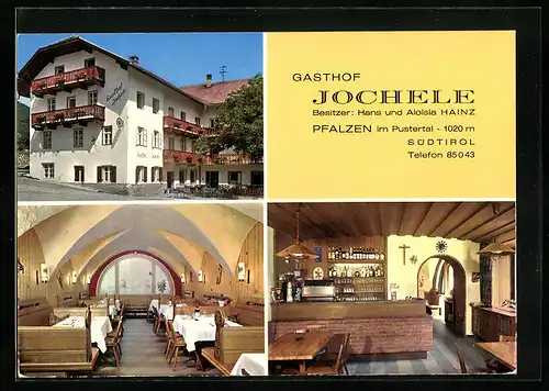 AK Pfalzen, der Gasthof Jochele, Aussenansicht, an der Bar, Gastraum