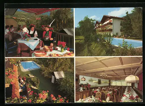 AK Meran-Gratsch, Hotel Pension Elisabeth, auf der Terrasse in Trachten, Gastraum und Pool