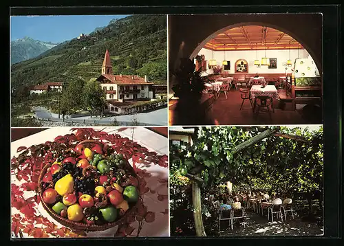 AK Meran-Gratsch, Restaurant Cafe Kircher, AUssenansicht, im gastraum, Obstkorb