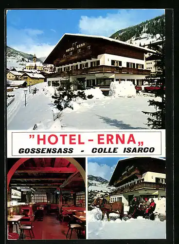 AK Gossensass, Hotel Erna, Ansicht im Schnee, in der Gaststube, Kutschfahrt