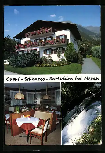 AK Partschins, Garni Schönegg, vor dem Gasthaus, Gaststube